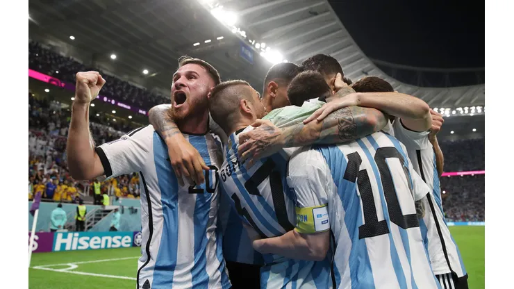 DOHA, QATAR - DECEMBER 03: Lionel Messi of Argentina celebrates after scoring the team's first goal during the FIFA World Cup Qatar 2022 Round of 16 match between Argentina and Australia at Ahmad Bin Ali Stadium on December 03, 2022 in Doha, Qatar. (Photo by Francois Nel/Getty Images)