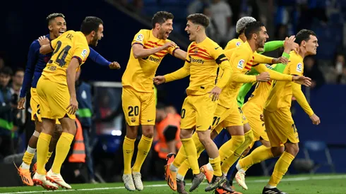 BARCELONA, SPAIN - MAY 14: Sergi Roberto and Gavi of FC Barcelona celebrate winning the LaLiga Santander Title after victory in the LaLiga Santander match between RCD Espanyol and FC Barcelona at RCDE Stadium on May 14, 2023 in Barcelona, Spain. (Photo by David Ramos/Getty Images)