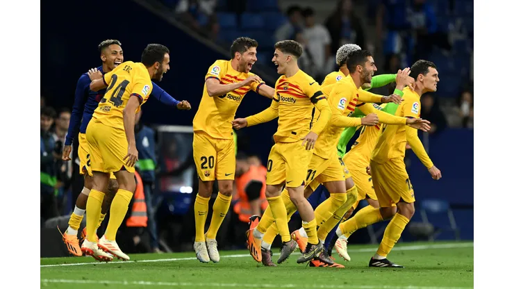 BARCELONA, SPAIN - MAY 14: Sergi Roberto and Gavi of FC Barcelona celebrate winning the LaLiga Santander Title after victory in the LaLiga Santander match between RCD Espanyol and FC Barcelona at RCDE Stadium on May 14, 2023 in Barcelona, Spain. (Photo by David Ramos/Getty Images)