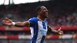 LONDON, ENGLAND - MAY 14: Pervis Estupinan of Brighton & Hove Albion celebrates after scoring the team's third goal during the Premier League match between Arsenal FC and Brighton & Hove Albion at Emirates Stadium on May 14, 2023 in London, England. (Photo by Julian Finney/Getty Images)