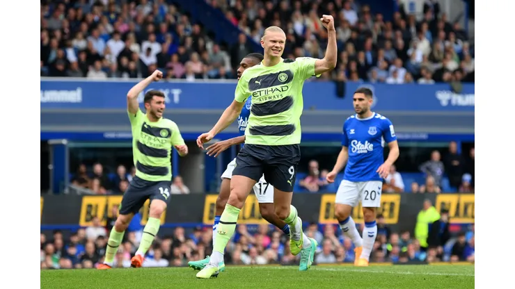 LIVERPOOL, ENGLAND - MAY 14: Erling Haaland celebrates after Ilkay Guendogan of Manchester City (not pictured) scored their sides third goal from a free kick during the Premier League match between Everton FC and Manchester City at Goodison Park on May 14, 2023 in Liverpool, England. (Photo by Michael Regan/Getty Images)