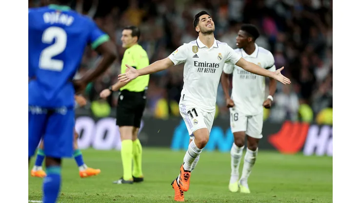 MADRID, SPAIN - MAY 13: Marco Asensio of Real Madrid celebrates after scoring the team's first goal during the LaLiga Santander match between Real Madrid CF and Getafe CF at Estadio Santiago Bernabeu on May 13, 2023 in Madrid, Spain. (Photo by Florencia Tan Jun/Getty Images)