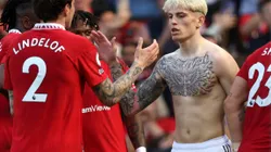 MANCHESTER, ENGLAND - MAY 13: Alejandro Garnacho of Manchester United celebrates after scoring the team's second goal with teammates during the Premier League match between Manchester United and Wolverhampton Wanderers at Old Trafford on May 13, 2023 in Manchester, England. (Photo by Clive Brunskill/Getty Images)