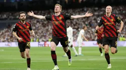 MADRID, SPAIN - MAY 09: Kevin De Bruyne of Manchester City celebrates after scoring the team's first goal during the UEFA Champions League semi-final first leg match between Real Madrid and Manchester City FC at Estadio Santiago Bernabeu on May 09, 2023 in Madrid, Spain. (Photo by Julian Finney/Getty Images)