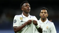 MADRID, SPAIN - MAY 09: Vinicius Junior of Real Madrid celebrates after scoring the team's first goal during the UEFA Champions League semi-final first leg match between Real Madrid and Manchester City FC at Estadio Santiago Bernabeu on May 09, 2023 in Madrid, Spain. (Photo by Julian Finney/Getty Images)