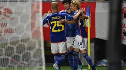SUITA, JAPAN - JUNE 20: Junya Ito (R) of Japan celebrates with teammates Kaoru Mitoma (C) and Daizen Maeda (L) after scoring the team's third goal during the international friendly match between Japan and Peru at Panasonic Stadium Suita on June 20, 2023 in Suita, Osaka, Japan. (Photo by Kenta Harada/Getty Images)