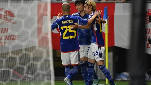 SUITA, JAPAN - JUNE 20: Junya Ito (R) of Japan celebrates with teammates Kaoru Mitoma (C) and Daizen Maeda (L) after scoring the team's third goal during the international friendly match between Japan and Peru at Panasonic Stadium Suita on June 20, 2023 in Suita, Osaka, Japan. (Photo by Kenta Harada/Getty Images)
