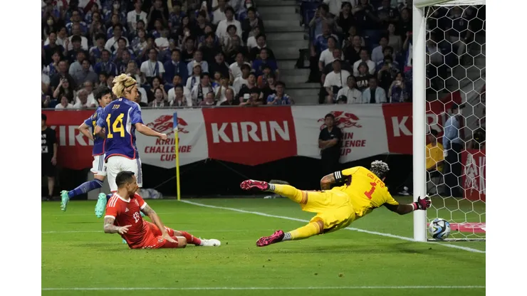 SUITA, JAPAN - JUNE 20: Junya Ito of Japan scores the team's third goal during the international friendly match between Japan and Peru at Panasonic Stadium Suita on June 20, 2023 in Suita, Osaka, Japan. (Photo by Koji Watanabe/Getty Images)