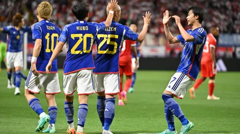 SUITA, JAPAN - JUNE 20: Daizen Maeda (2nd R) of Japan celebrates with teammates after scoring the team's fourth goal during the international friendly match between Japan and Peru at Panasonic Stadium Suita on June 20, 2023 in Suita, Osaka, Japan. (Photo by Kenta Harada/Getty Images)