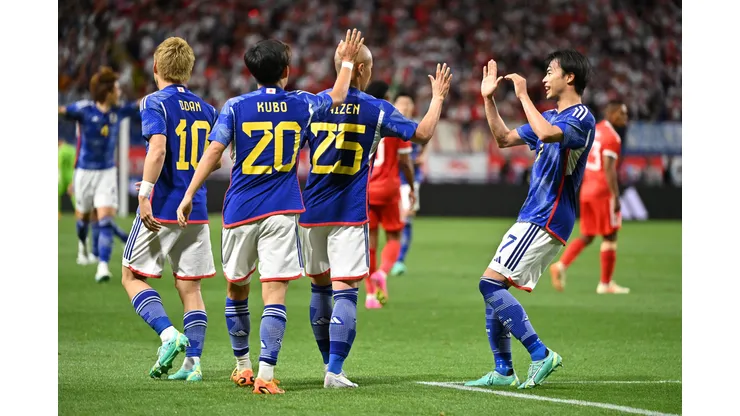 SUITA, JAPAN - JUNE 20: Daizen Maeda (2nd R) of Japan celebrates with teammates after scoring the team's fourth goal during the international friendly match between Japan and Peru at Panasonic Stadium Suita on June 20, 2023 in Suita, Osaka, Japan. (Photo by Kenta Harada/Getty Images)