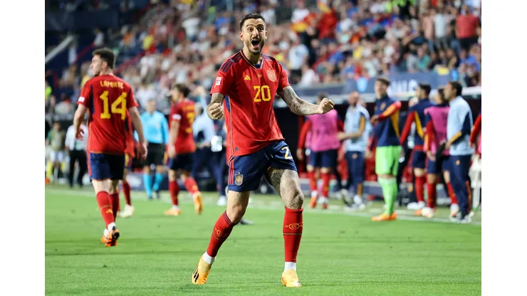 ENSCHEDE, NETHERLANDS - JUNE 15: Joselu of Spain celebrates after scoring the team's second goal during the UEFA Nations League 2022/23 semi-final match between Spain and Italy at FC Twente Stadium on June 15, 2023 in Enschede, Netherlands. (Photo by Christof Koepsel/Getty Images)