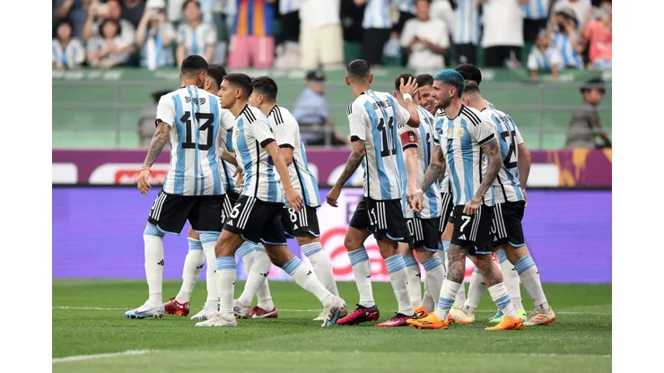 BEIJING, CHINA - JUNE 15: Argentina players celebrate the team's first goal scored by Lionel Messi (obscured) during the international friendly match between Argentina and Australia at Workers Stadium on June 15, 2023 in Beijing, China. (Photo by Lintao Zhang/Getty Images)