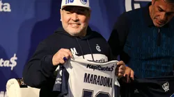 Soccer Football - Argentina - La Plata, Argentina - September 8, 2019 President of Gimnasia y Esgrima Gabriel Pellegrino and Diego Maradona during his presentation as new coach REUTERS/Agustin Marcarian