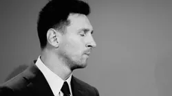 BARCELONA, SPAIN - AUGUST 08: (EDITORS NOTE: Image has been converted to black and white.) Lionel Messi of FC Barcelona faces the media during a press conference at Nou Camp on August 08, 2021 in Barcelona, Spain. (Photo by Eric Alonso/Getty Images)