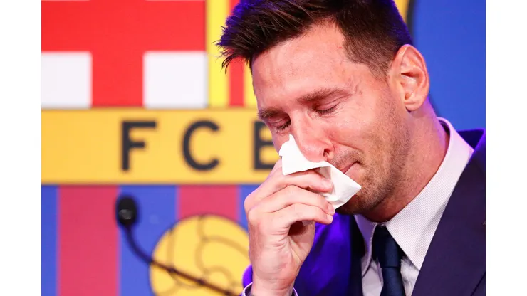 BARCELONA, SPAIN - AUGUST 08: Lionel Messi of FC Barcelona faces the media during a press conference at Nou Camp on August 08, 2021 in Barcelona, Spain. (Photo by Eric Alonso/Getty Images)