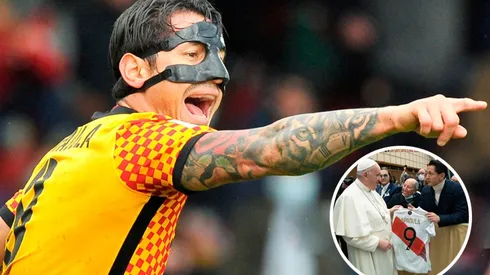 Lapadula festejando gol en la Serie B (Foto: Getty Images) / Papa Francisco y Lapadula (Foto: Twitter Serie B)