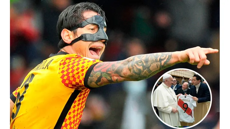 Lapadula festejando gol en la Serie B (Foto: Getty Images) / Papa Francisco y Lapadula (Foto: Twitter Serie B)