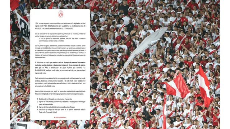 La barra oficial de la Selección Peruana realizó solicitud para el ingreso de banderolas e instrumentos
