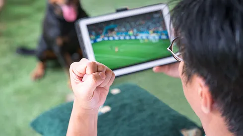 Man with fist up while watching soccer sports game on digital tablet. Live stream or sports online concept. Contributor: Sinseeho Lifestyle / Alamy Stock Photo Image ID: 2K8WPP8