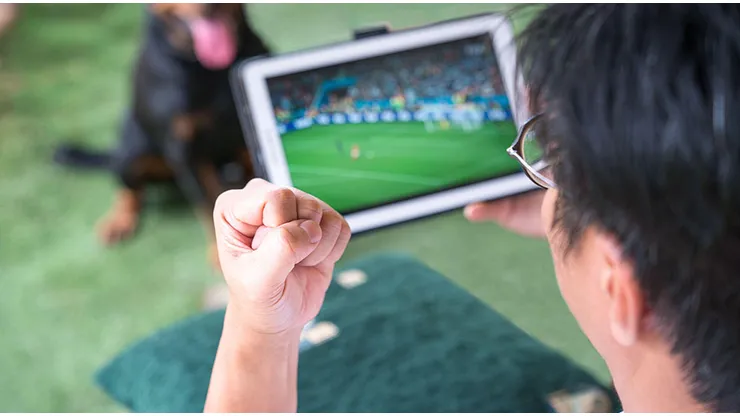 Man with fist up while watching soccer sports game on digital tablet. Live stream or sports online concept. Contributor: Sinseeho Lifestyle / Alamy Stock Photo Image ID: 2K8WPP8