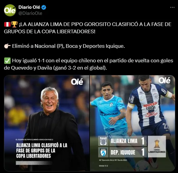 Diario Olé informa la clasificación de Alianza Lima (Foto: X).