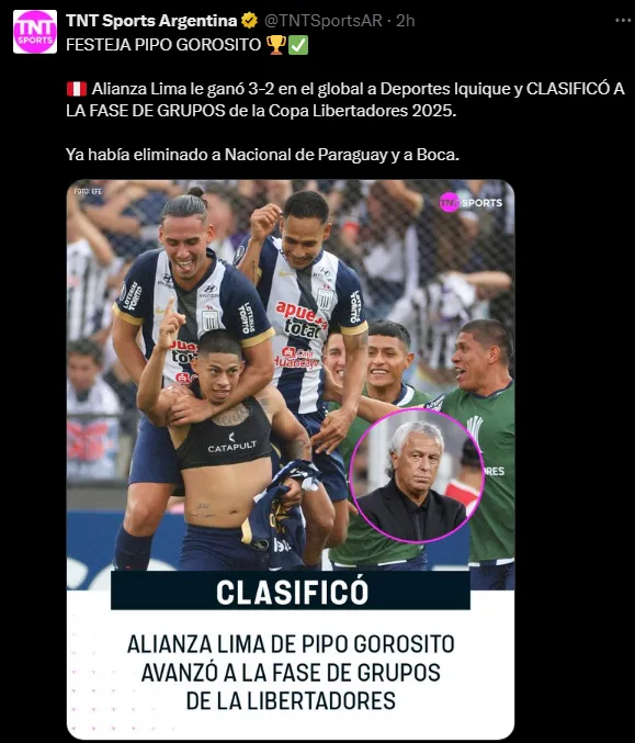 TNT Sports Argentina informa la clasificación de Alianza Lima (Foto: X).
