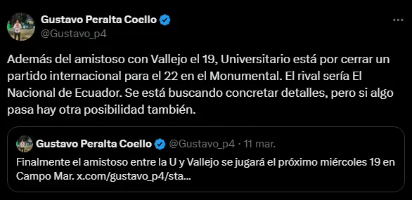 Amistosos de Universitario (Foto: X).