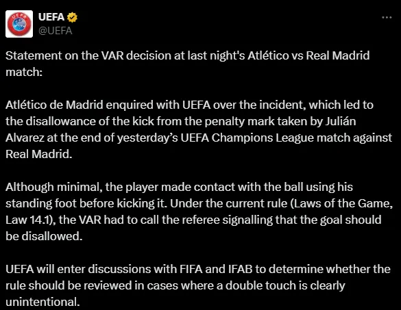 El comunicado de UEFA sobre el penal anulado a Julián Álvarez (X @UEFA).