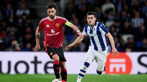 Bruno Fernandes, ante Ander Barrenetxea en el partido de ida.