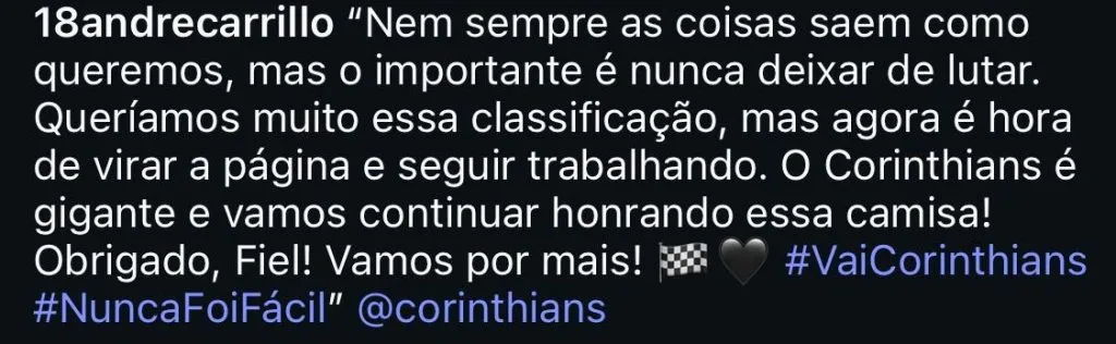 Mensaje de André Carrillo en su cuenta de Instagram.