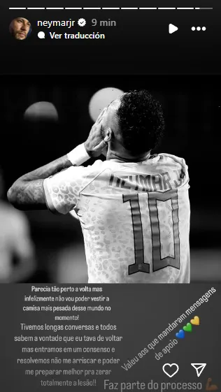 El mensaje de Neymar tras su baja de la selección de Brasil (Instagram @neymarjr).
