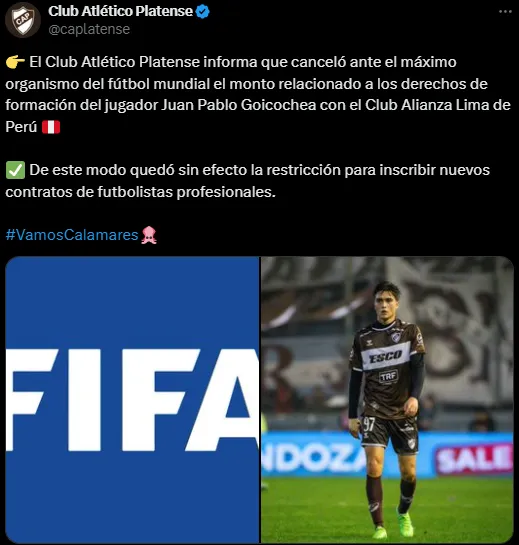 Platense confirmó pago a Alianza Lima por Goicochea (X @caplatense).
