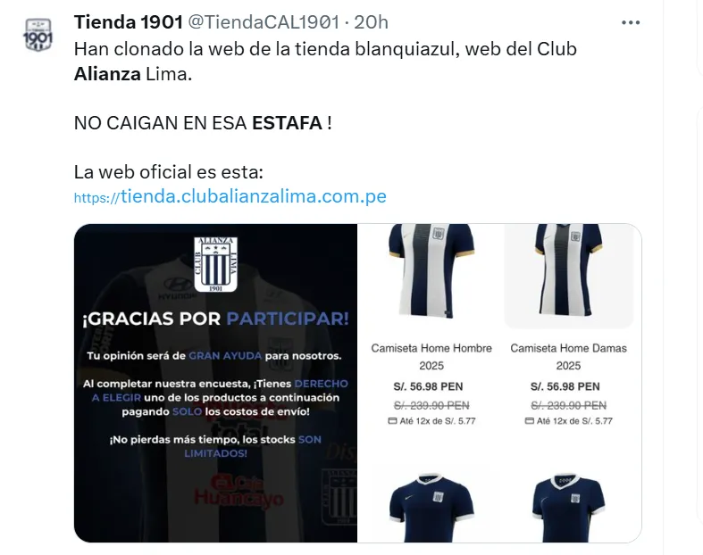 Anuncio en redes sobre web clonada de Alianza. (Foto: X)