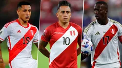 Yoshimar Yotún, Christian Cueva y Luis Advíncula, con la camiseta de la Selección Peruana.