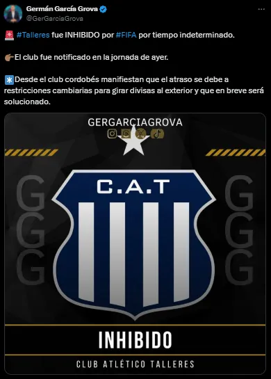 Talleres sufrió un duro revés desde la FIFA (X @GerGarciaGrova).