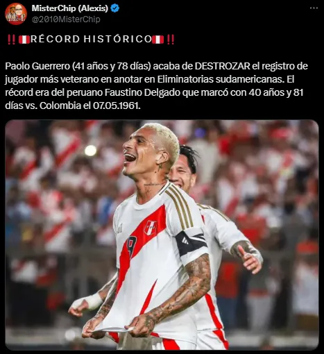 Paolo Guerrero y su récord tras su gol a Bolivia (X @2010MisterChip).