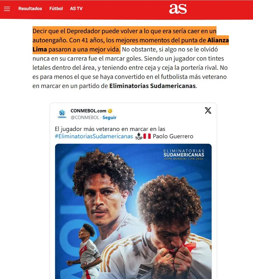 Diario AS critica a Paolo Guerrero tras partido ante Bolivia.