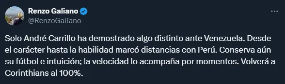 Elogios a Carrillo por su partido ante Venezuela (X @RenzoGaliano).