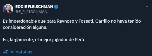 Elogios a Carrillo por su partido ante Venezuela (X @E_FLEISCHMAN).