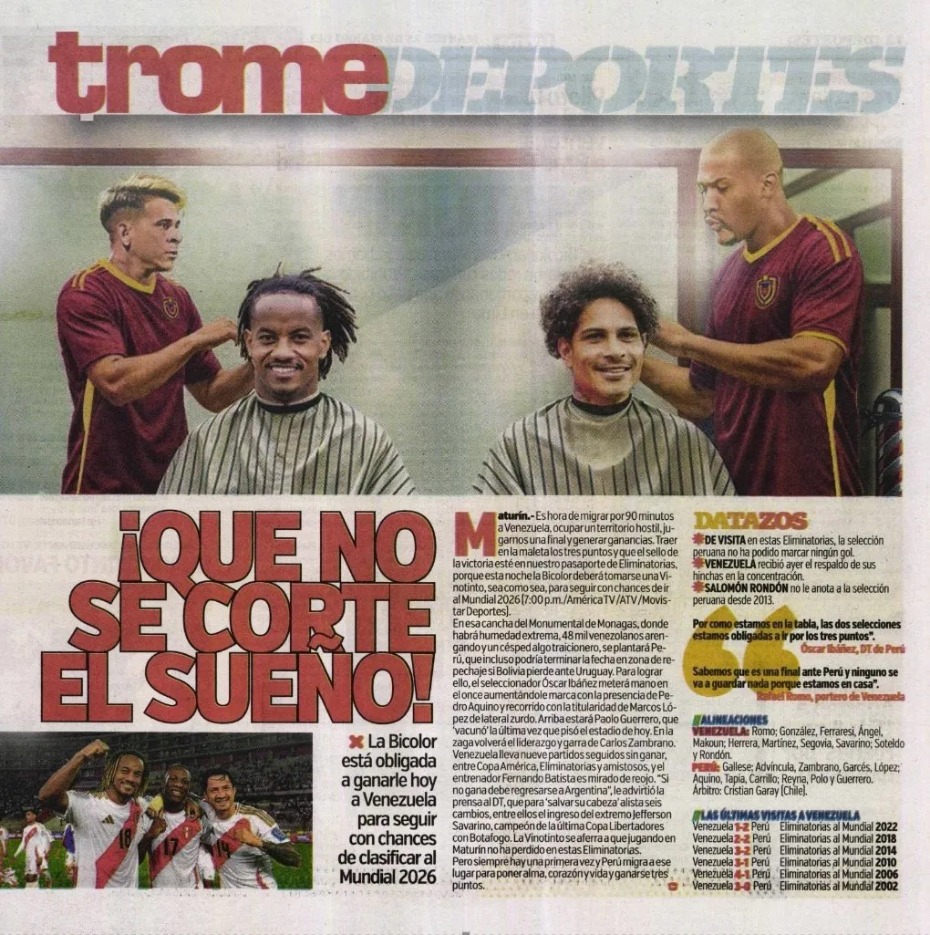 La publicación del diario Trome con burla a Soteldo y Rondón.