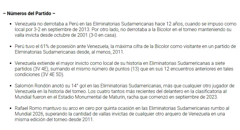 Los números del partido entre Venezuela y Perú (CONMEBOL).
