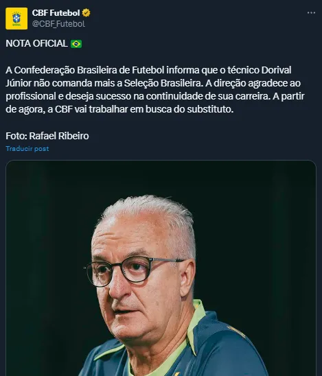 El comunicado que confirma la salida de Dorival Júnior (X @CBF_Futebol).