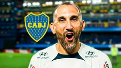 Hernán Barcos y escudo de Boca Juniors.