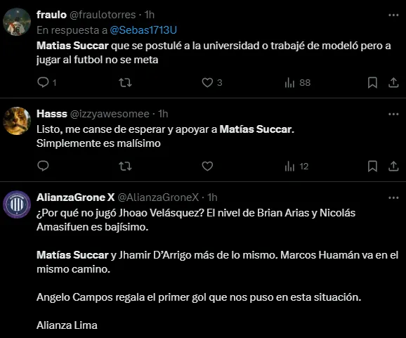 Hinchas de Alianza Lima molestos con Matías Succar (Foto: X).