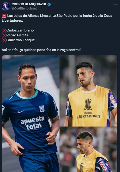 Tres defensores titulares, bajas ante Sao Paulo (X).