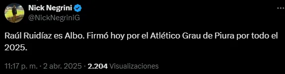 Confirman a Raúl Ruidíaz en Atlético Grau (Foto: X).