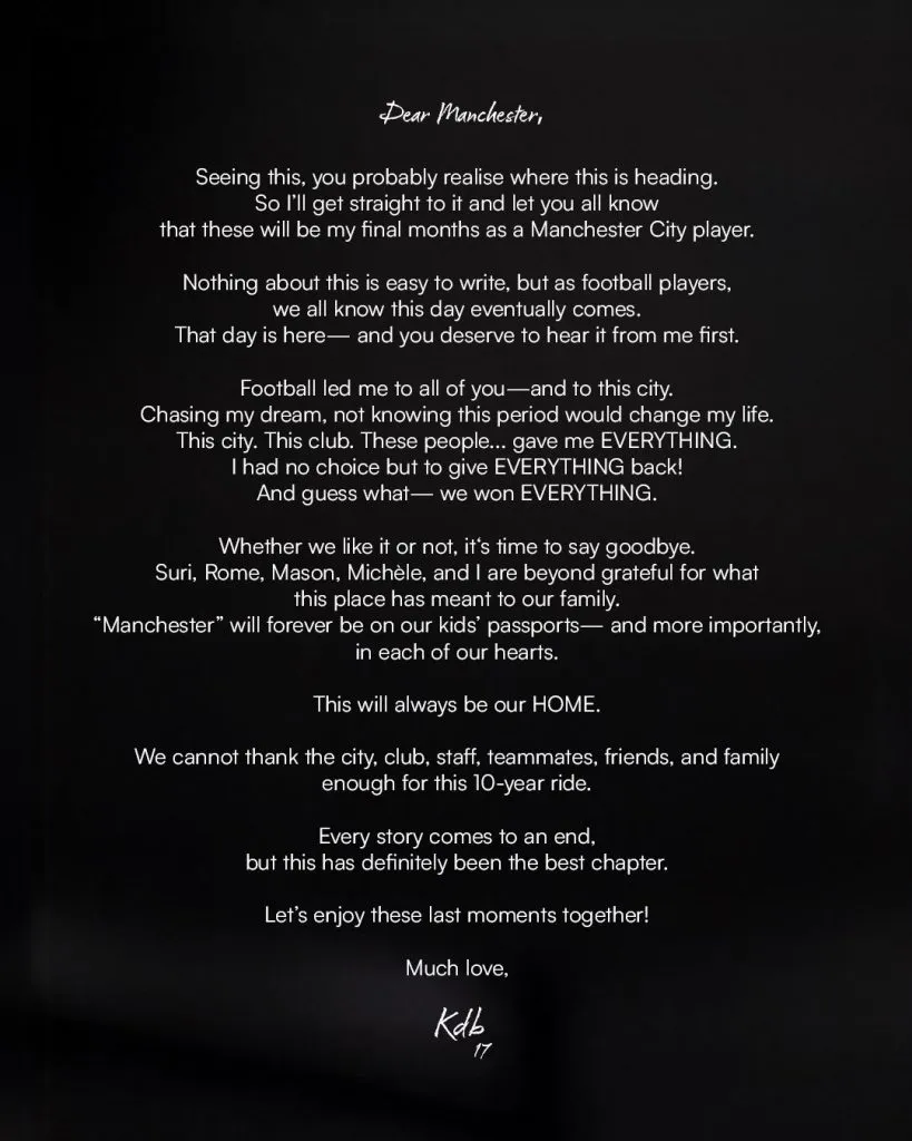 La carta despedida de Kevin De Bruyne de Manchester City. (@KevinDeBruyne)
