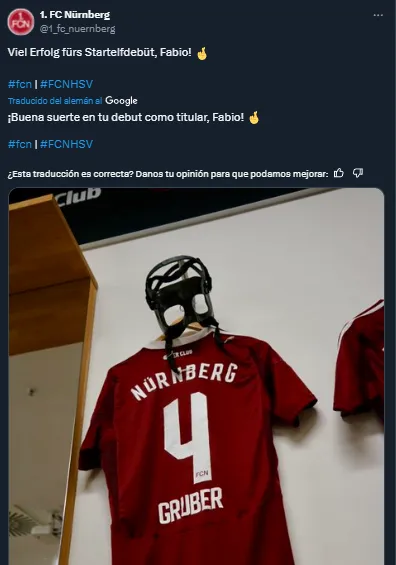 FC Núremberg destacó el primer partido de titular de Gruber (X @1_fc_nuernberg).