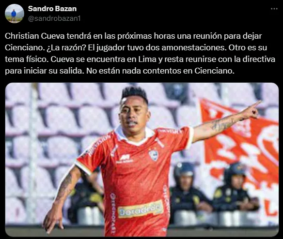 Christian Cueva y su futuro en Cienciano (Foto: X).