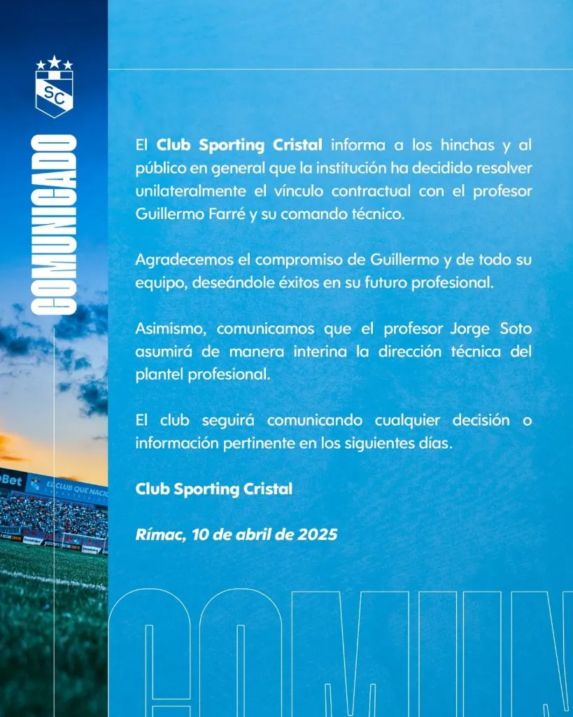 El comunicado de Sporting Cristal anunciando la salida de Guillermo Farré. (@ClubSCristal)